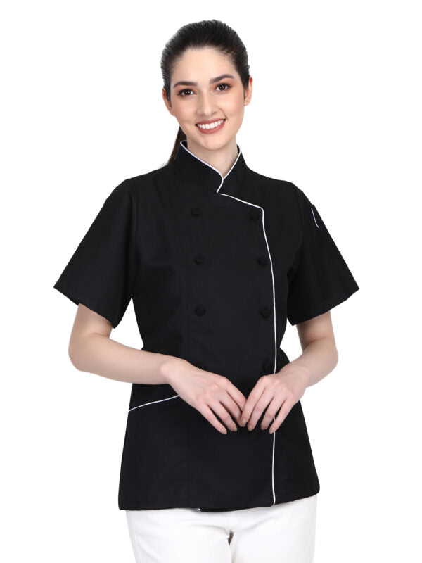 Short Sleeves Tailored Fit Chef Coat Jacket Uniform for Women for Food Service, Caterers, Bakers and Culinary Professional – Black
